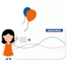 Kind steht vor unserer 2 in 1 Bankcard und es fliegen Luftballons hoch